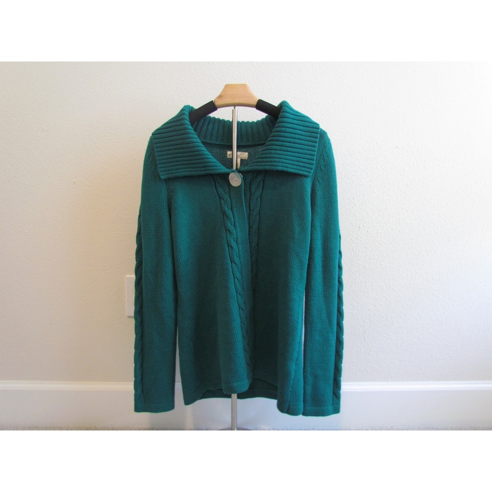 Kim Rogers Cardigan Sweater M Teal Green Cable Knit Oversized Collar